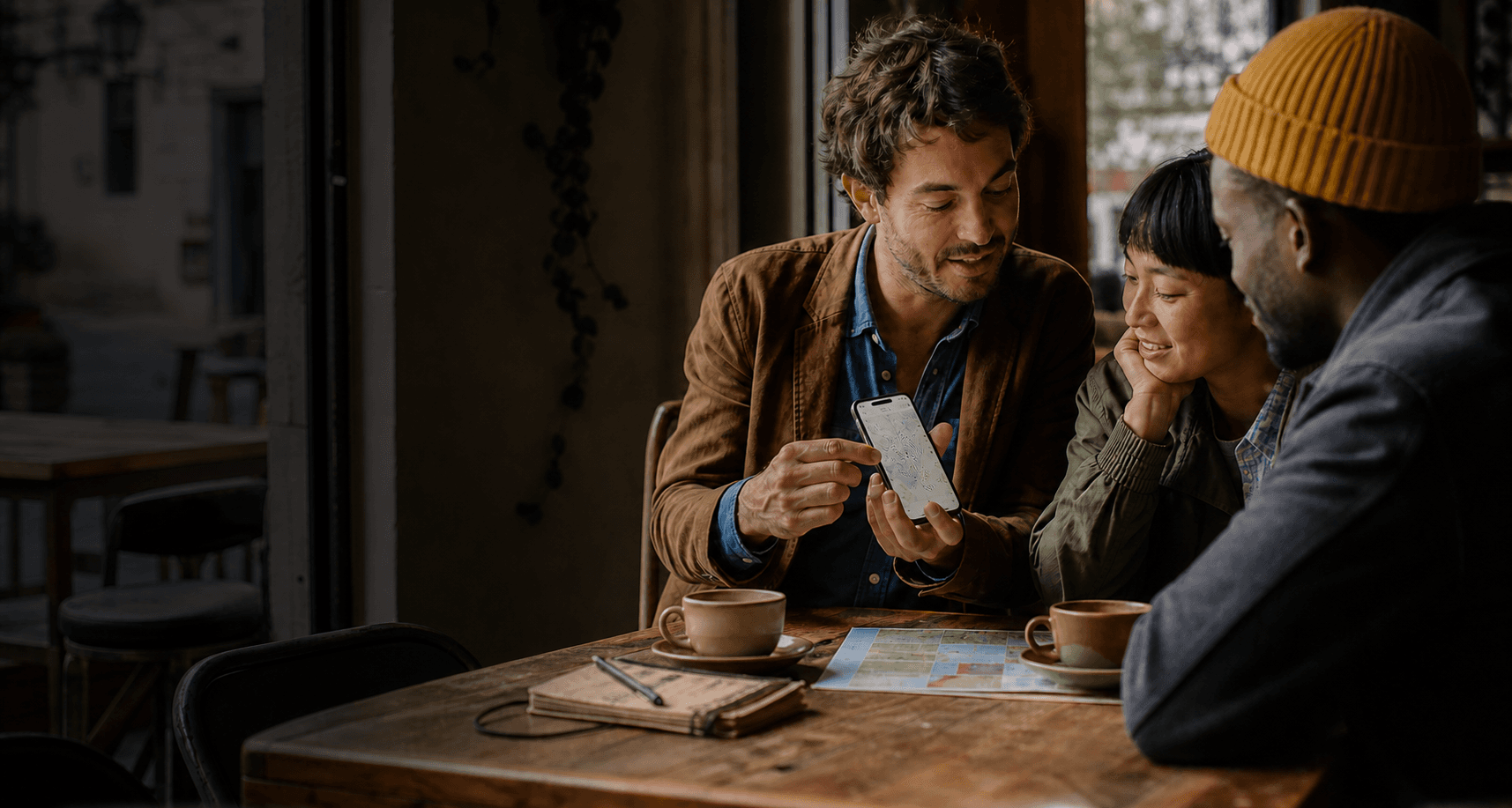 People sharing a city guide at a cafe table