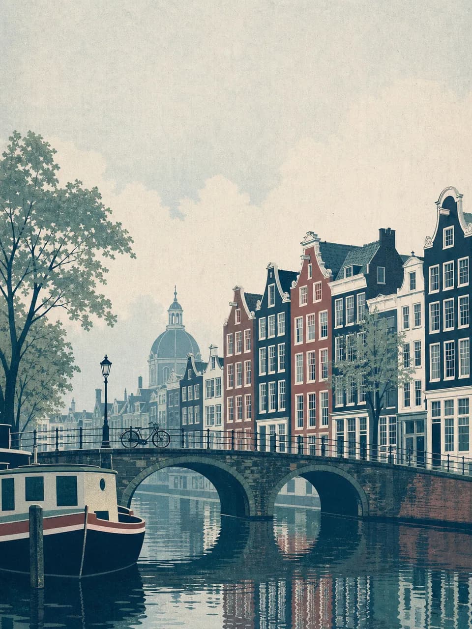 Vintage travel-poster illustration of Amsterdam, Netherlands