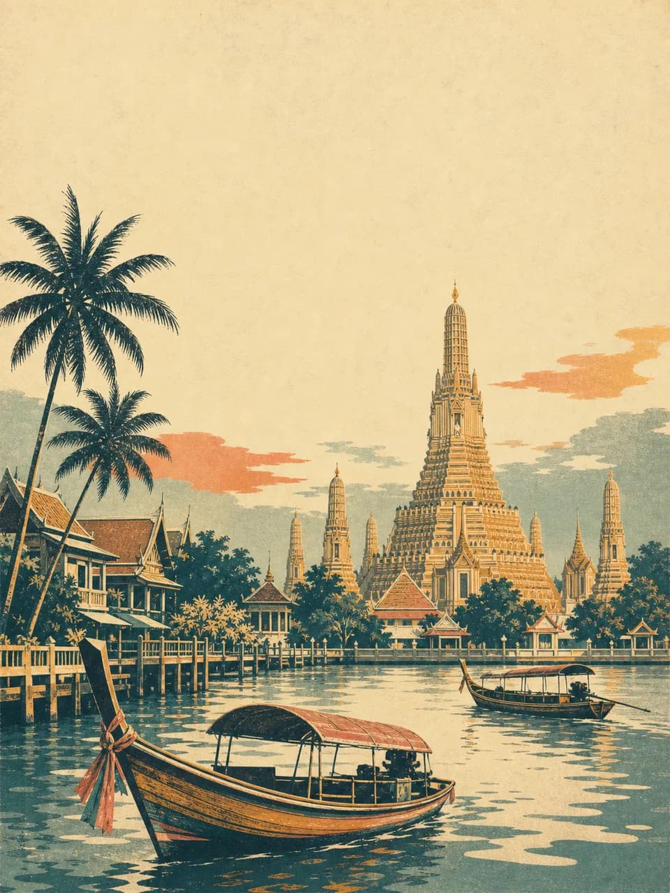 Vintage travel-poster illustration of Bangkok, Thailand