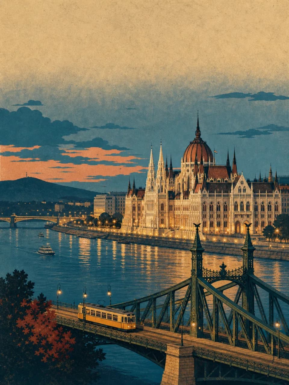 Vintage travel-poster illustration of Budapest, Hungary