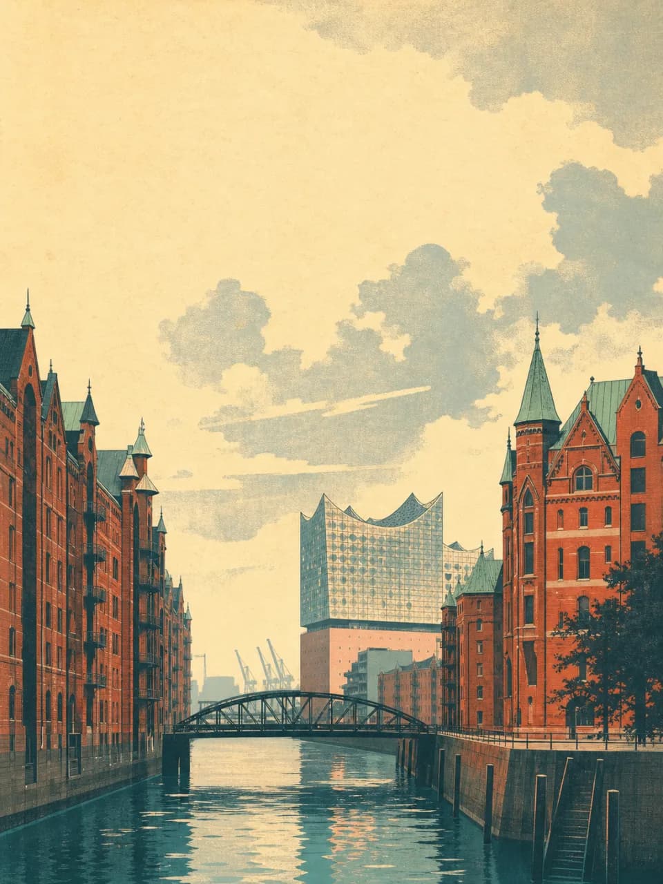 Vintage travel-poster illustration of Hamburg, Germany