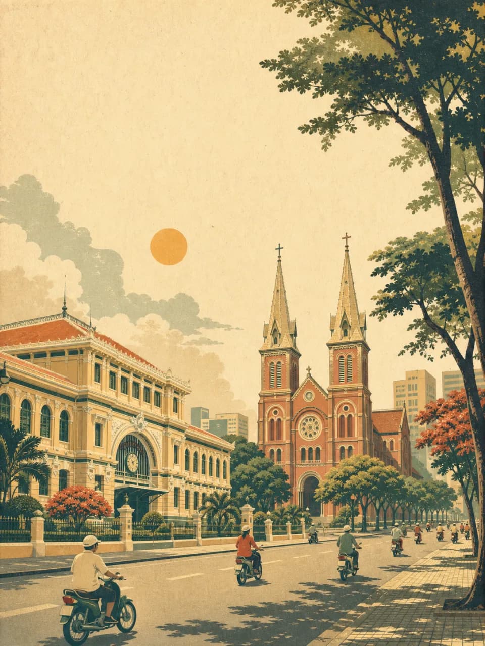 Vintage travel-poster illustration of Ho Chi Minh City, Vietnam