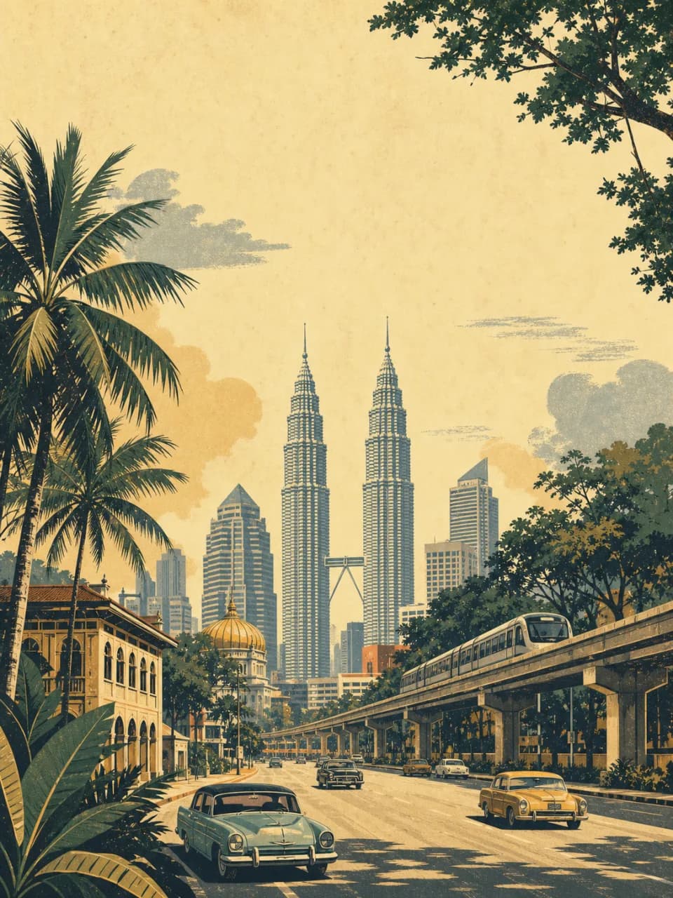 Vintage travel-poster illustration of Kuala Lumpur, Malaysia