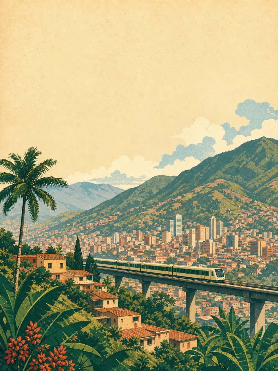 Vintage travel-poster illustration of Medellín, Colombia