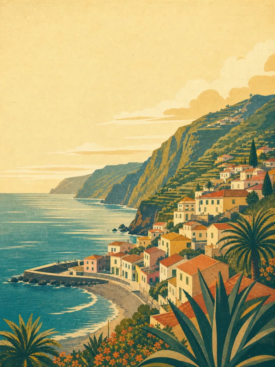 Vintage travel-poster illustration of Ponta do Sol, Madeira, Portugal