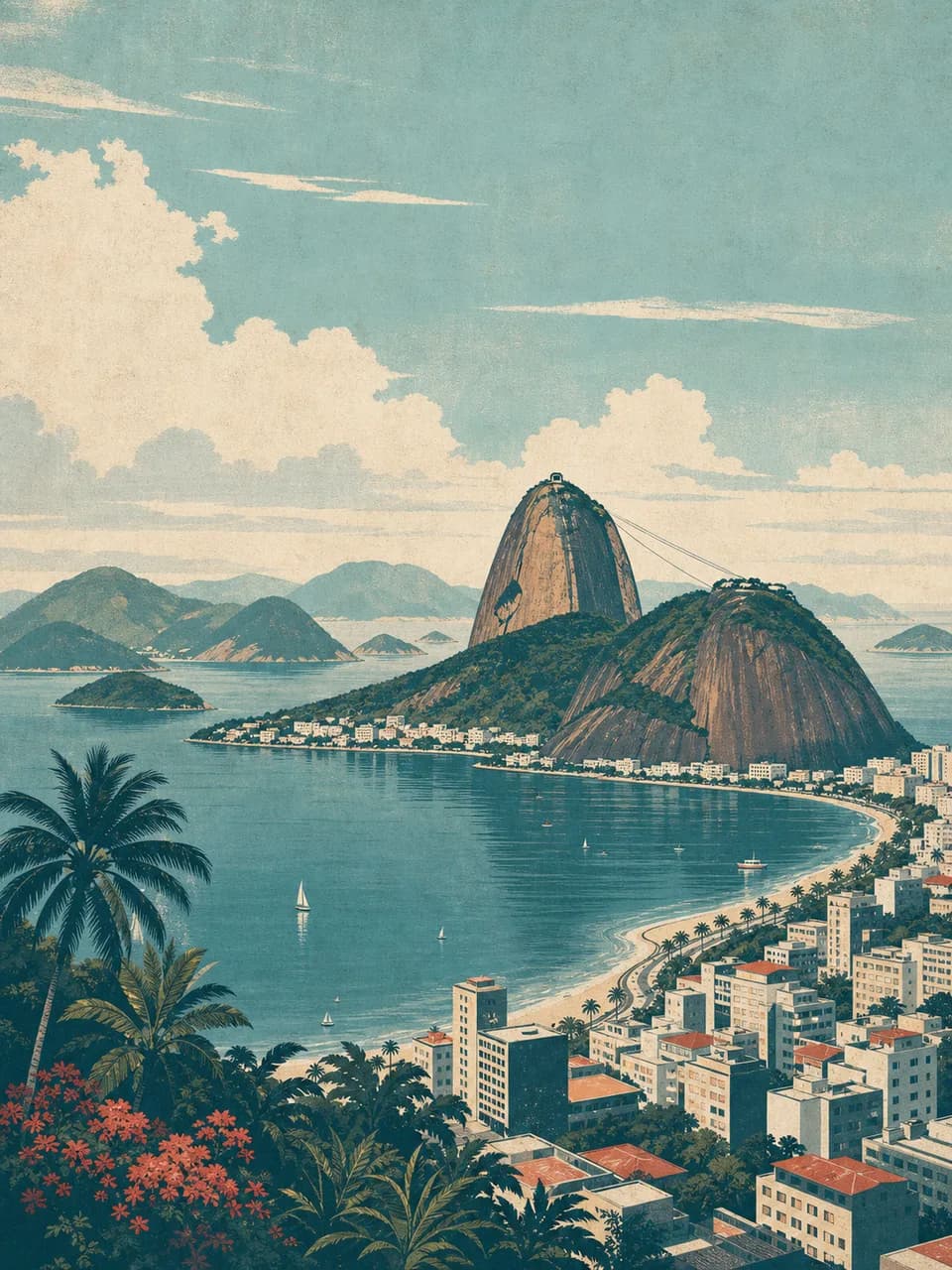 Vintage travel-poster illustration of Rio de Janeiro, Brazil