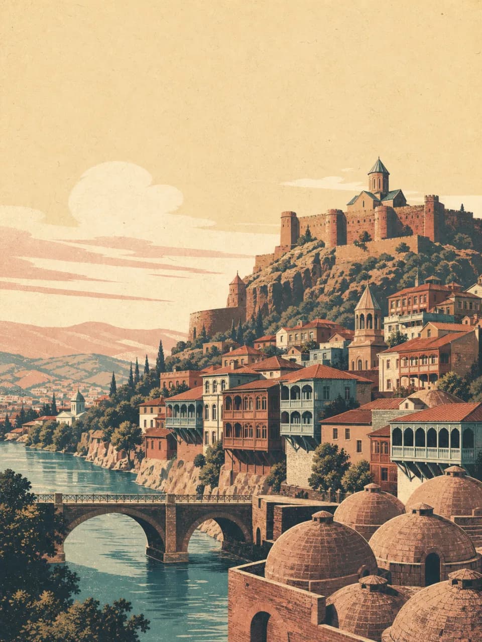Vintage travel-poster illustration of Tbilisi, Georgia