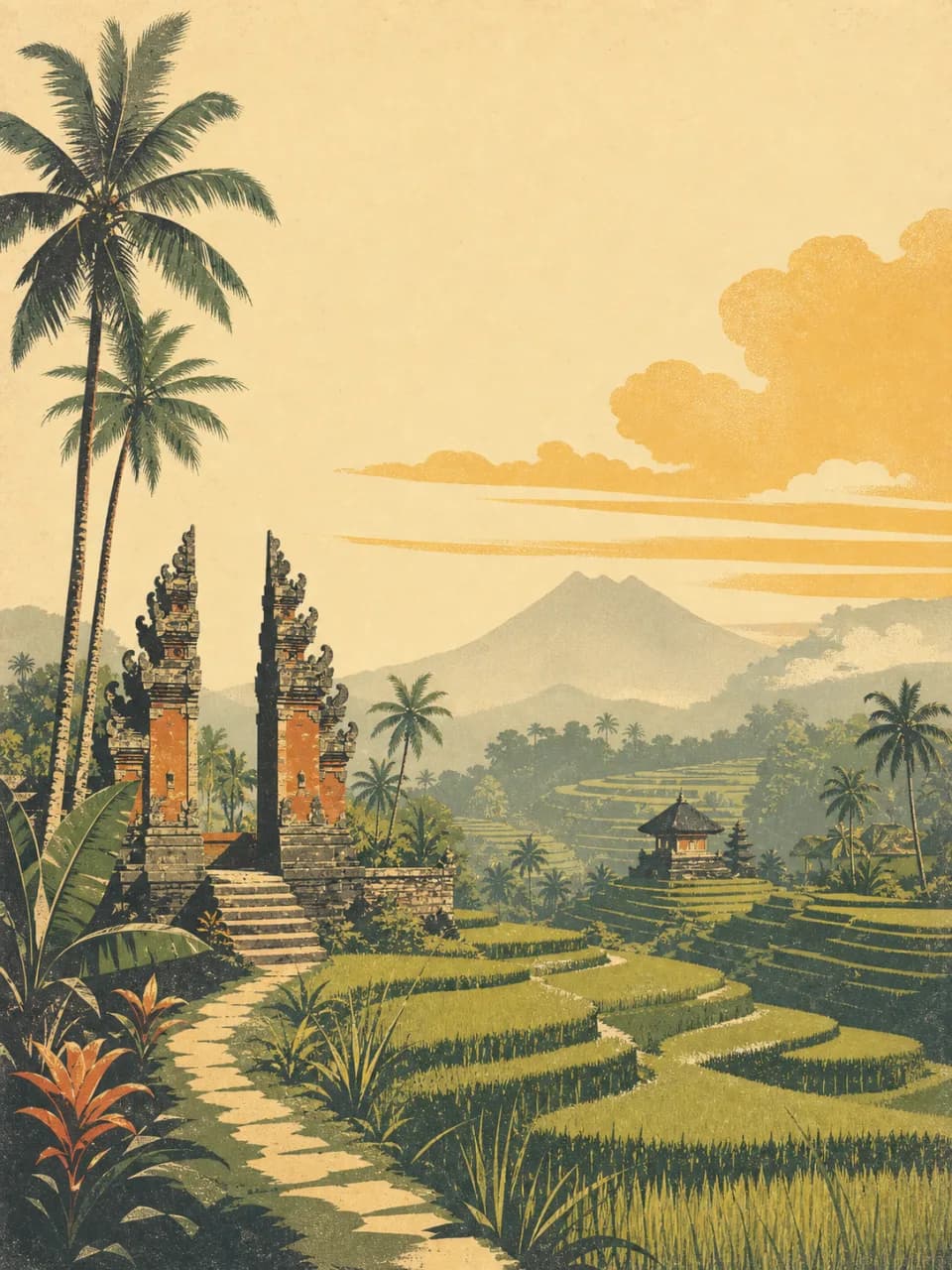 Vintage travel-poster illustration of Ubud in Bali, Indonesia