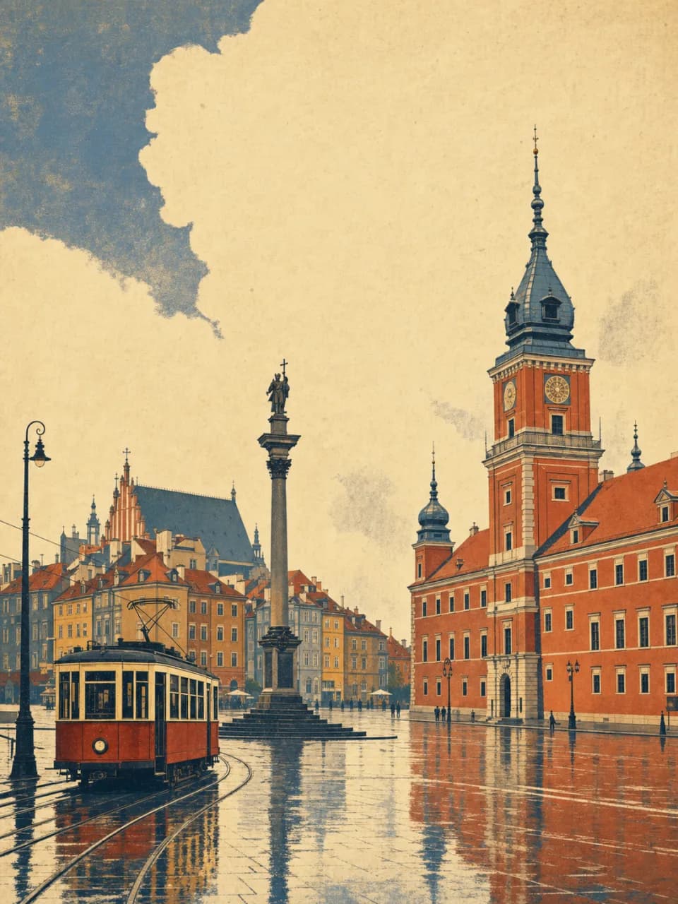 Vintage travel-poster illustration of Warsaw, Poland