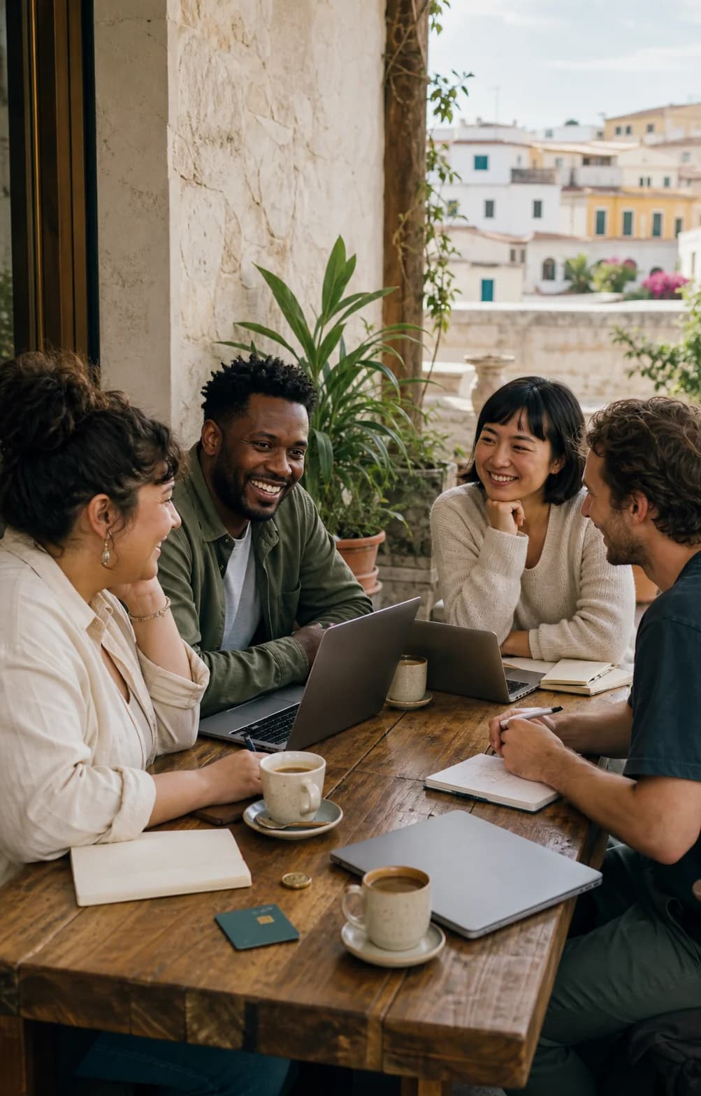 A mixed group of nomads working together around a cafe table