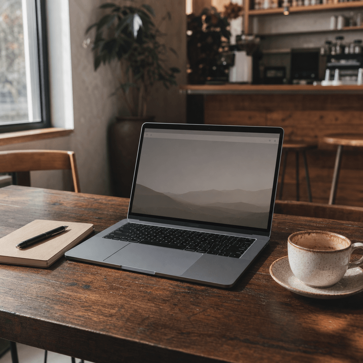 Laptop and coffee at a cafe workspace