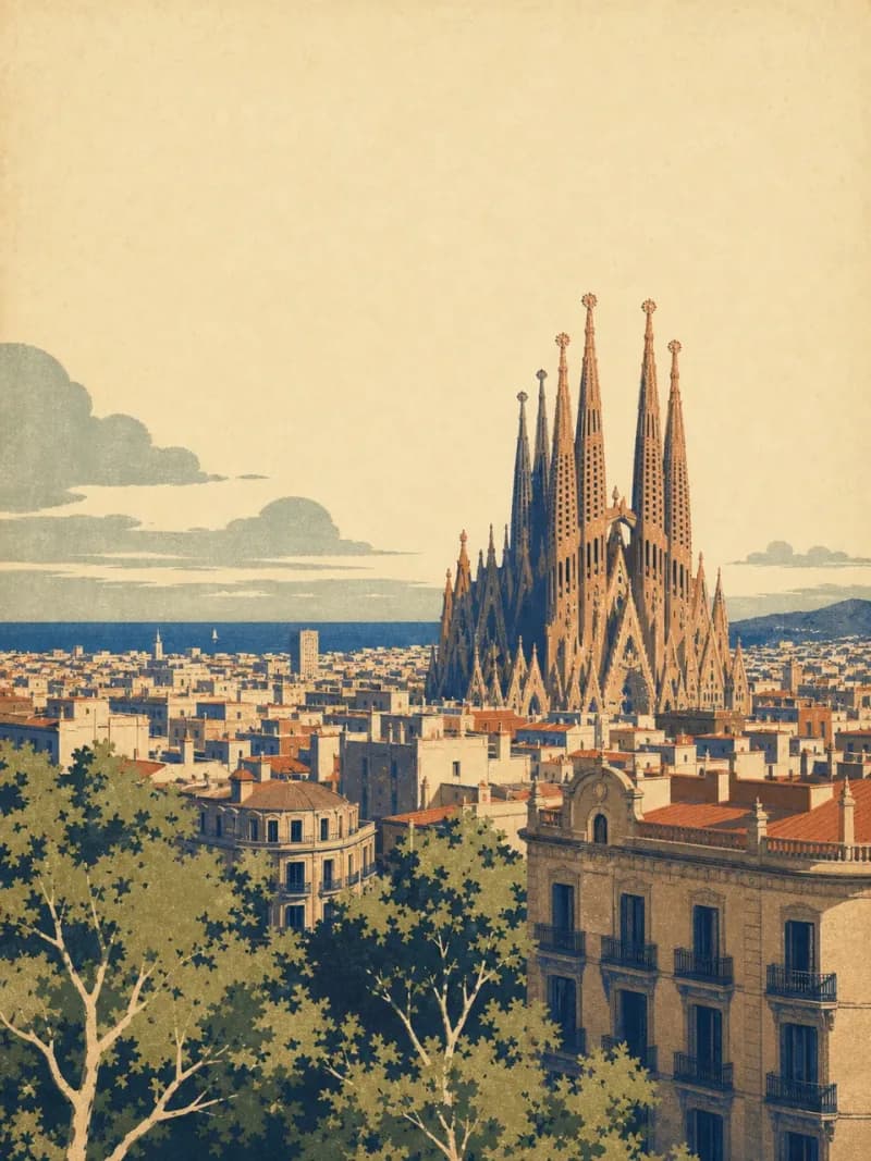 Vintage travel-poster illustration of Barcelona, Spain