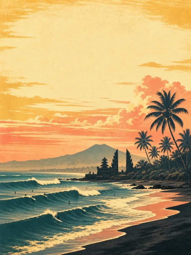 Vintage travel-poster illustration of Canggu in Bali, Indonesia