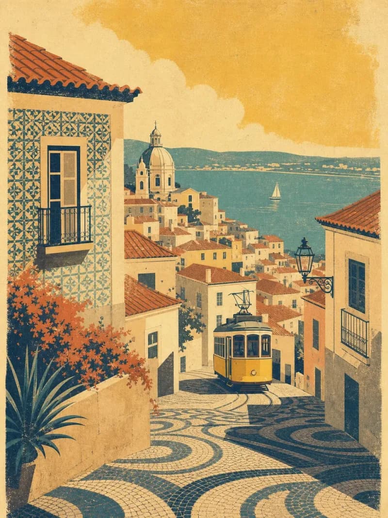Vintage travel-poster illustration of Lisbon, Portugal