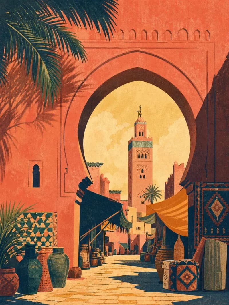 Vintage travel-poster illustration of Marrakesh, Morocco