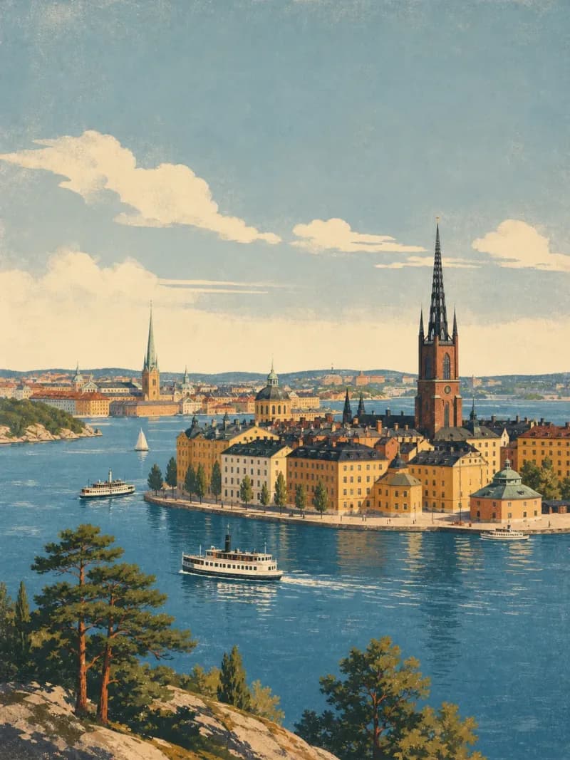 Vintage travel-poster illustration of Stockholm, Sweden