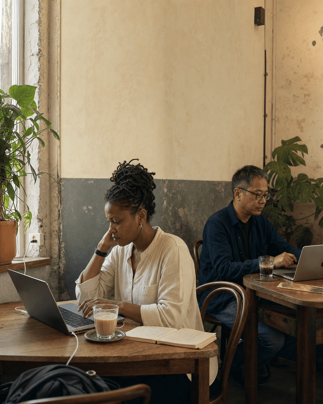 Remote workers in a Lisbon cafe with laptops and a reachable power outlet
