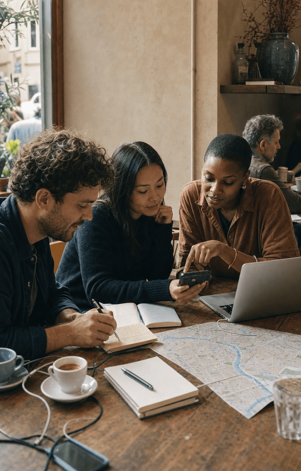 Three remote workers compare a map and field notes at a cafe table