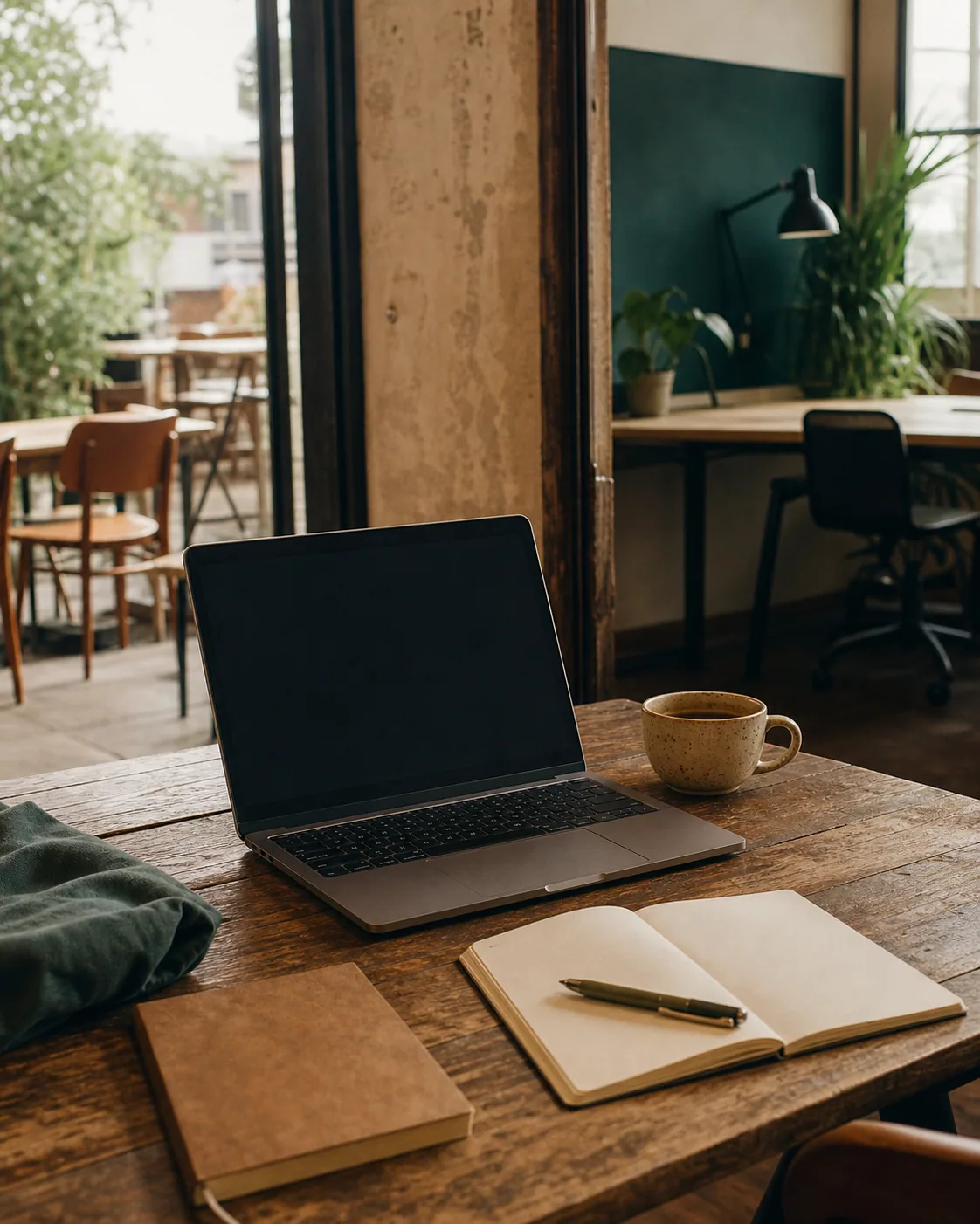 Laptop and coffee between cafe seating and a quiet workspace