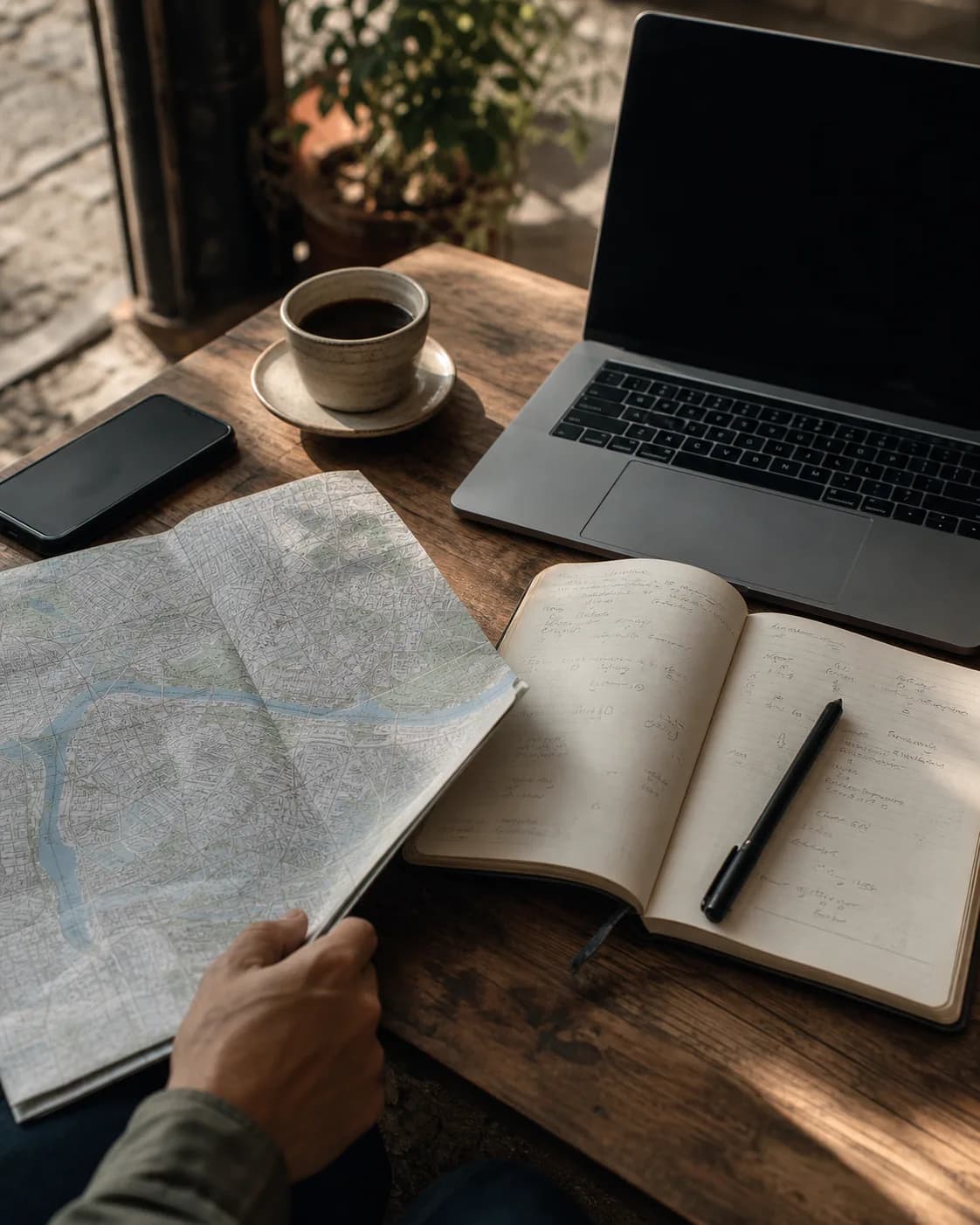 Map, laptop, coffee and notebook used to plan a workday