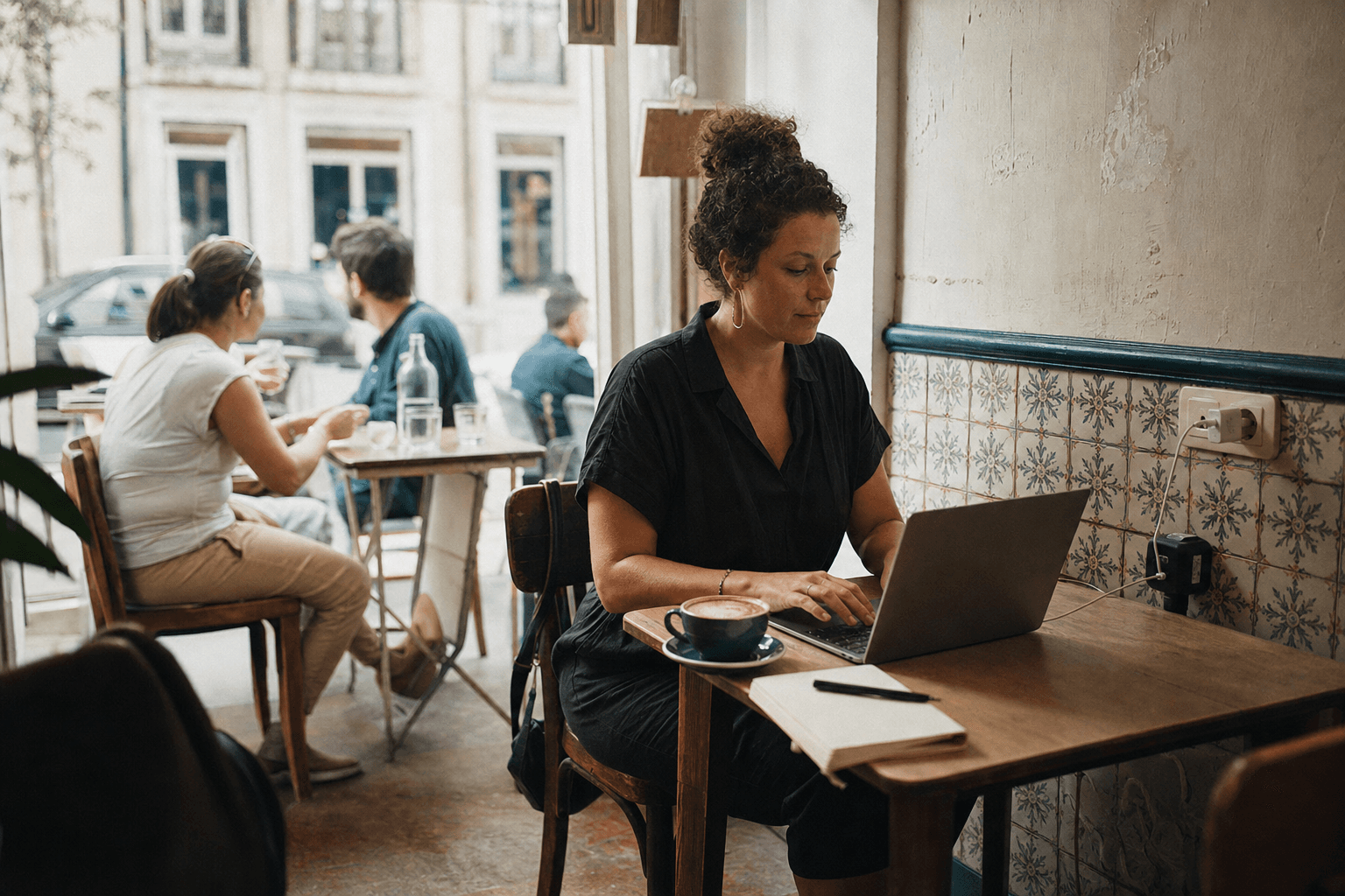 Remote worker using a laptop in a Lisbon cafe with a nearby power outlet