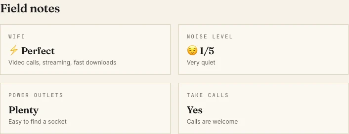 NomadSpots field notes showing Wi-Fi, noise, power and call details