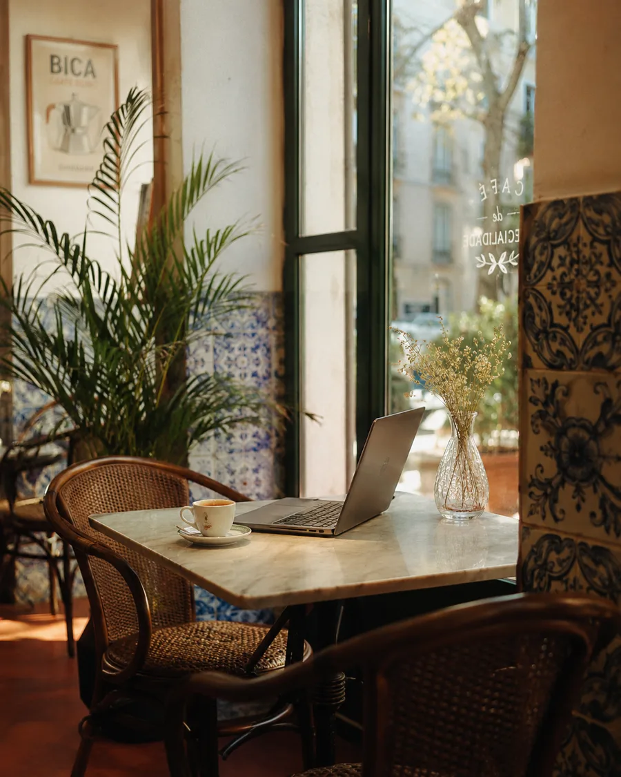 Working from a café in Lisbon